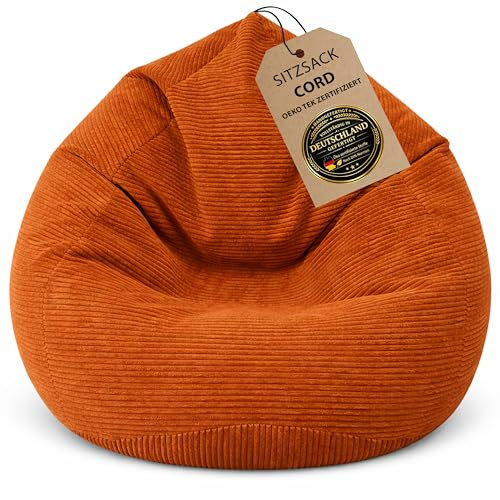 BuBiBag Premium Sitzsack Cord XXL – Fertig befüllt & Oeko-Tex Zertifiziert – Kratzfester Breitcord Gaming Sessel – Robuster Bean Bag für Kinder & Erwachsene – Pflegeleicht (Cognac 120x95cm)