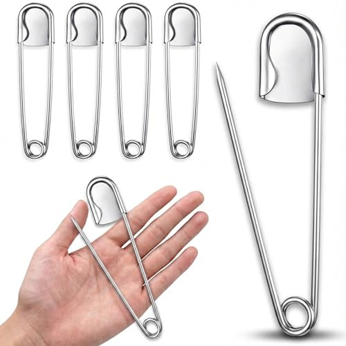 Sicherheitsnadeln Groß, 127MM Lange Extragroß Rostfreier Stahl Sicherheitsnadeln Set, 5 Stück Silber Safety Pins für Bastelarbeiten, Decken, Matratzen, Schmuck, Wirkwaren, Kleidung