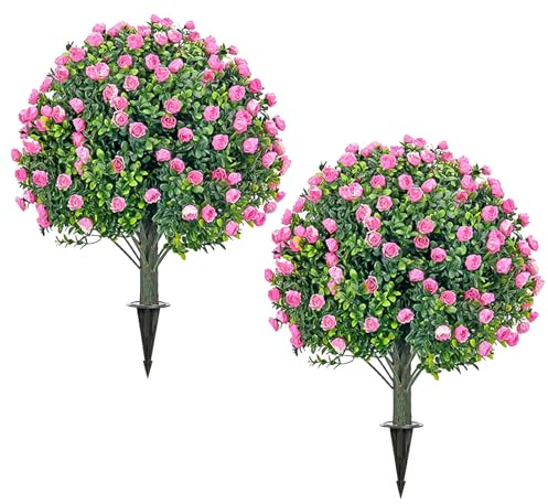 loyimioo 60 cm Künstliche Kunstpflanze in Kugelform, Plastik Realistischer Kugelbaum mit Erdspieß als Hochzeits- & Weihnachtsdeko für Garten, Terrasse, Balkon 2er-Set (Rosa Rosen)