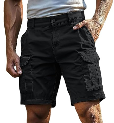 Générique Short Homme Cargo Décontracté Coupe Ample Uni Poches Latérales Fonctionnelles Fermeture Bouton Passants Ceinture Port Quotidien Loisirs Voyage