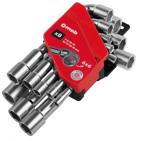 mob Monture avec 8 Clés à Pipe Débouchées 6x6 Pans – Acier Chrome Vanadium Forgé, Rangement Compact, Clés sur Monture avec Repérage Rapide des Dimensions, Norme NF ISO 2236