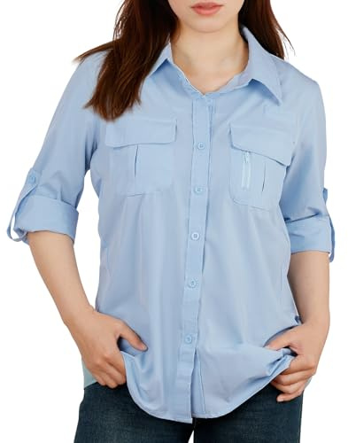 BSBUY Camicia da Donna UPF50+, Abbigliamento Camicetta da Trekking da Donna, Camicia da Safari a Maniche Lunghe con Bottone Traspirante, ad Asciugatura Rapida, per Pesca, Golf(Azzurro Cielo-M)