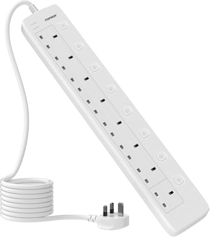TOPREK 8 Way Extension Lead with Individual Switches, 2M Heavy Duty Socket | 2100 Surge Protected Extension Lead with Indicator Lights, Desk/Wall Mounted Power Strip for Office/Home/Computer Room/Garage