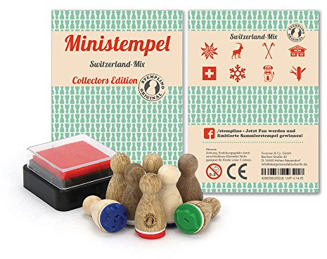 Stemplino Stempelset Schweiz, 8 Ministempel aus Holz mit Stempelkissen für Karten, Scrapbooking und Bullet Journal