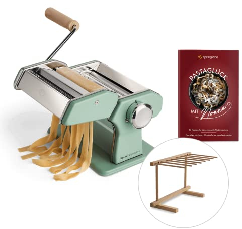 SPRINGLANE Máquina de fideos manual Nonna, Acero inoxidable, Máquina para hacer pasta, incluye secador de pasta y 3 accesorios para cortar espaguetis, lasaña, tallarines - verde