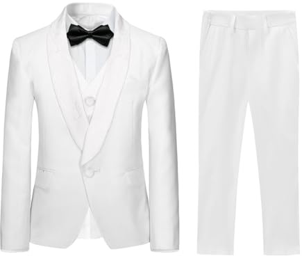 Garçon Costume 3 Pièces Classique Slim Fit Mariage Bal Tuxedo Veste Pantalon Et Gilet #8157 Blanc 10 Ans