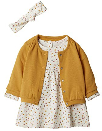 VERTBAUDET Mädchen Baby-Set: Kleid, Strickjacke & Haarband senfgelb+wollweiß geblümt 68