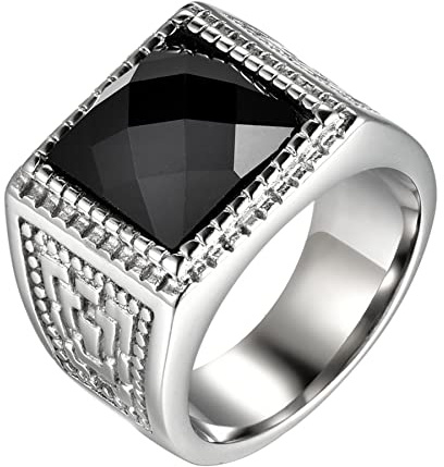 JewelryWe Schmuck Siegelring Herren-Ring Edelstahl Glas Stein Vintage Quadrat Viking Ringe Bandring mit Gravur, Silber Schwarz, Größe 57 bis 70
