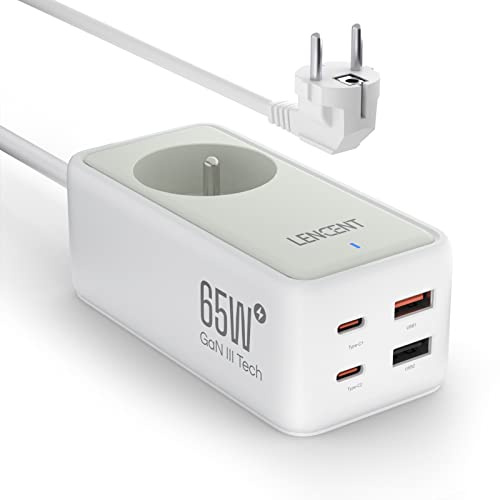 LENCENT Chargeur Rapide USB C et 65W, GAN III Tech 1 Prise & 4 Ports USB | Type C avec câble Convient pour Téléphones Portables Tablettes PC, Blanc
