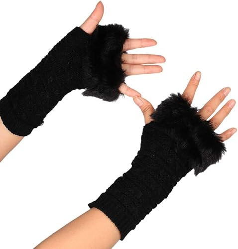 URFEDA 1 Paar Damen Fingerlose Handschuhe,Kunstfell Armstulpen,Damen Winter Wärm Plüsch Handschuhe Kunstpelz Handwärmer Manschetten Gestrickte Stulpen Handstulpen Armmanschette Armwärmer für Damen