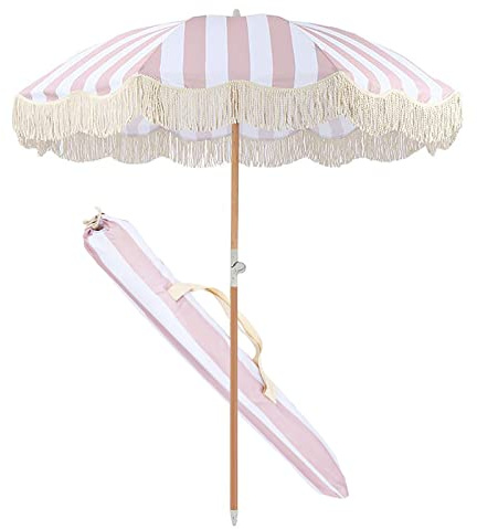ALIXCE Rosa vit randig parasoll 2 m retro lyx strandparasoll fransat trädgårdsparaply, polyester paraplyyta, slitstark solskyddsmedel, romantisk kust innergård simbassäng skuggning, Vitt, 2 meter