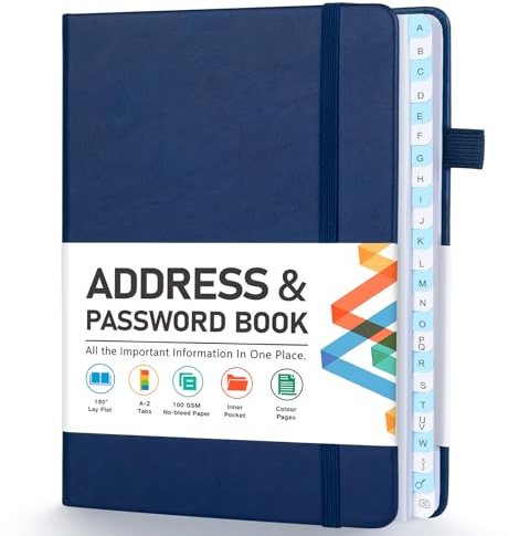 Address Book, Address and Password Keeper Book with Alphabetical Tabs, Hardcover Telephone Book Address Organizer Record with Pocket, Colored Pages, 5.3 x 7.7, Navy Blue