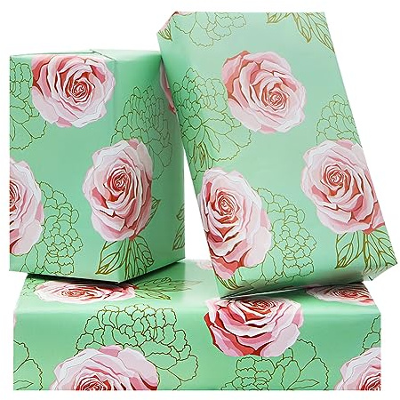 Blumen-Geschenkpapier, Blumen-Geschenkpapier für Mädchen, Damen, Frauen, 4 Blatt Rose, Brautparty, Verlobung, Geschenkpapier für Geburtstag, Hochzeit, Jahrestag, Valentinstag