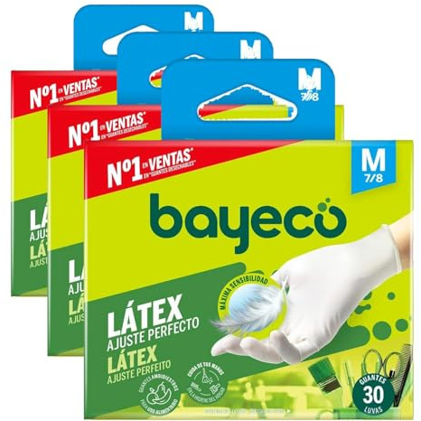Bayeco - Guantes de un solo uso de Látex - Color Blanco - Ambidiestros - Aptos para el contacto con alimentos - Máxima sensibilidad - Pack dispensador de 30 unidades - Talla M (Paquete de 3)