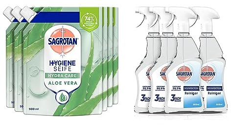 Sagrotan Handseife Nachfüller Aloe Vera – 6 x 500 ml Flüssigseife & Desinfektionsreiniger – Desinfektionsmittel für die tägliche, sanfte Reinigung – 4 x 500 ml Desinfektionsspray für Flächen