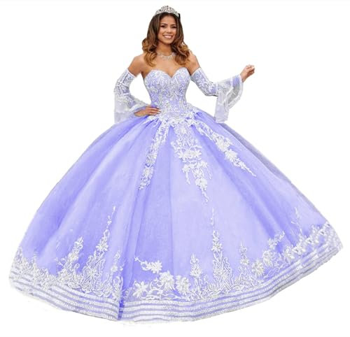 TSxuelian Vestido de quinceañera de manga larga para mujer, vestido de baile, cuello corazón, apliques de encaje, vestido de fiesta 16, color lila
