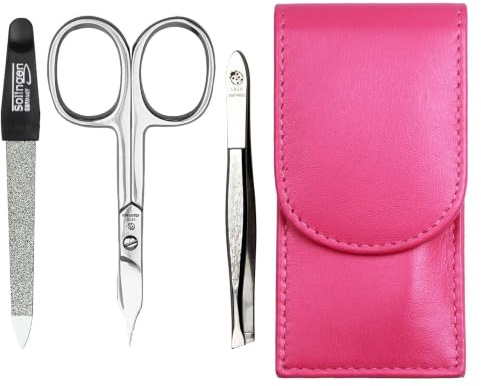 Sonnenschein by Hans Kniebes Maniküre Set 3-teilig Pink – Nagelpflege Set Edelstahl rostfrei – Nagelschere, Feile & Pinzette – Echtes Nappa Lammleder Etui – Reise Manikürset kompakt