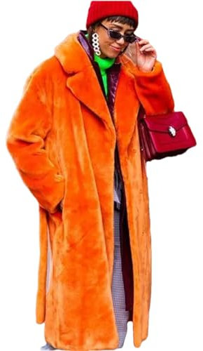 Damen Winter Street Long Revers Plüsch Kunstfell Mantel, Oranger Pelzmantel, 46