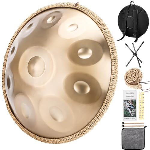 Handpan 432 Hz, 10 Töne 22 Zoll Steel Handpan Instrument, Gold Performer in D Minor Zungentrommel, mit Handpan Weicher Tasche, Schlägeln, Handtrommelständer Für Anfänger, Profis, Musiktherapie
