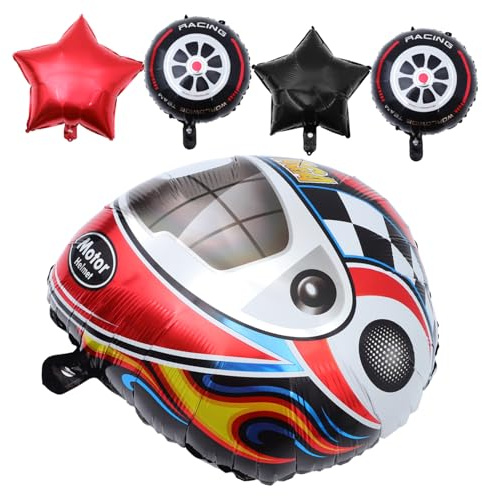 CHILDWEET 5Pcs Helmet Balloons Race Car Wheels Aluminium Foil Balloons Boys Birthday Party Supplies Motorcycle Theme Black Red