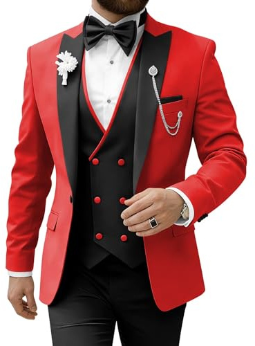 TUXBURNTXZ Black and Red Suit for Men Tuxedo Suit Slim Fit Double Breasted Suit XL
