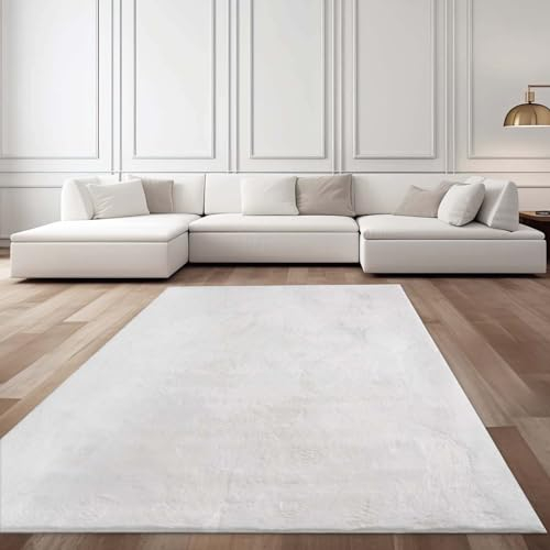 Taracarpet Fellteppich Kunstfell Waschbar - Hasenfell Imitat, Kaninchenfell, Kurzfell | Flauschiger Teppich für Wohnzimmer, Bettvorleger Schlafzimmer - Weiß 080x150 cm