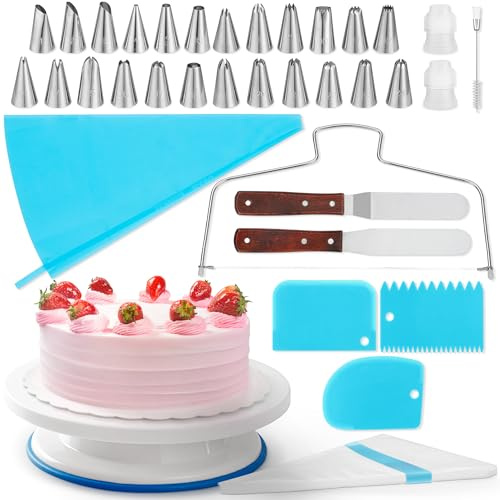 EcoEarth Kit de decoración de Pasteles (65 Piezas), Juego de Suministros para Hornear con Plato Giratorio y 24 Puntas de glaseado de diseño único, Mangas pasteleras, espátulas y más.