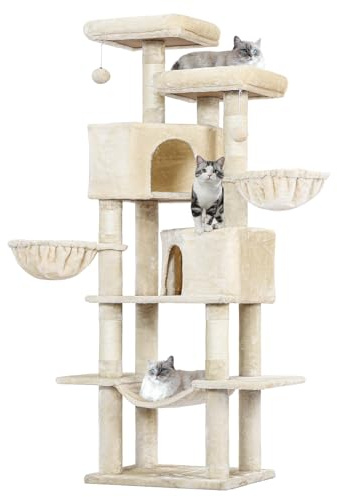 MSmask Kratzbaum groß, 180 cm hoch Katzenbaum mit Sisalstämmen, 2 Plattformen, 2 Katzenhöhlen, Korb, Hängematte, Stabiler Katzenkratzbaum, mehrstöckiger Kletterbaum für Katzen, Beige