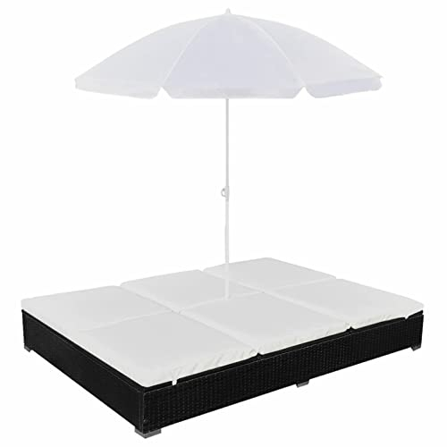 ShCuShan Outdoor-Loungebett mit Sonnenschirm Rattan Liege Outdoor Garten Lounge Tagesbett Outdoor Sonnenliege Rattan Outdoorbett Poly Rattan Schwarz