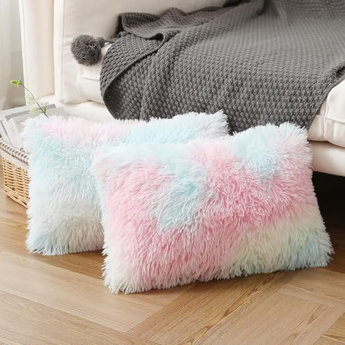 Labilin 2er Set Kissenbezüge 30x50 Regenbogen Flauschige Deko Kissenhülle Kunstpelz Kuschelkissenbezug Dekorative Kuschelig Kissen Plüsch Zierkissen Kissenbezug Plüschkissen Couchkissen Sofakissen