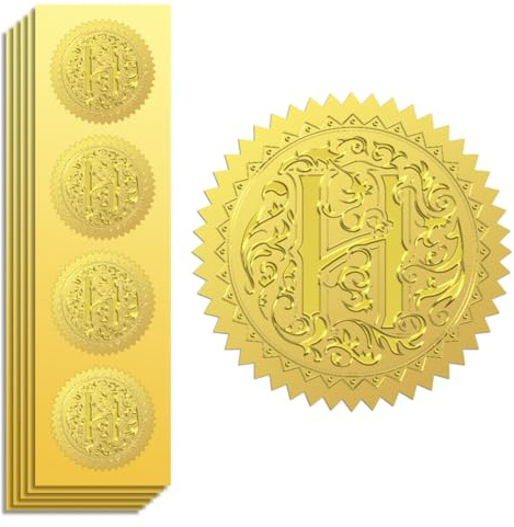 Peacoblue Goldfolien Sticker,Buchstabe H Siegel Aufkleber Gold | 100 Stück selbstklebende Prägesiegel 5cm, Elegante Aufkleber für Urkunden, Umschläge, Auszeichnungen und Belohnungen