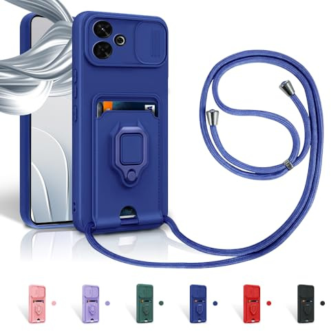 Aithne Case für Xiaomi Redmi 13 4G Handykette Hüll,Slide kameraschutz,Silikon Handyhülle zum Umhängen Kette,360 Grad Ringhalter Stand Kartenfach-Blau