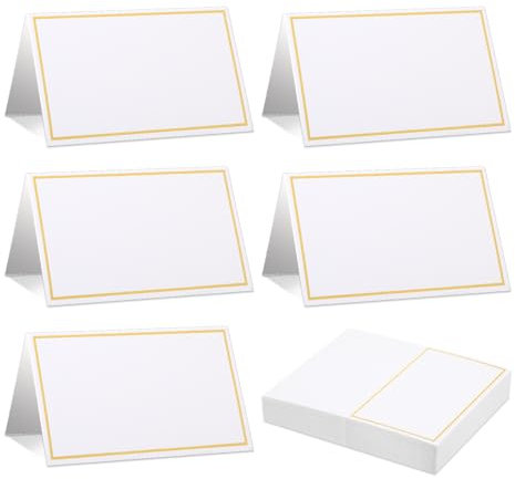 Place Cards for Table Setting - 50Pcs White Blank Table Place Cards with Gold Foil Border, Table Seating Name Cards for Weddings, Banquets Dinner Parties (Folfding Size 2x3.75 inches) (White)