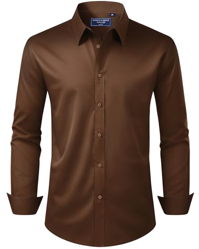 Alimens & Gentle Mens Brown Dress Shirt Regular Fit Stretch Stain Shield Long Sleeve Solid Business Party Button Down Shirts,Brown,Medium