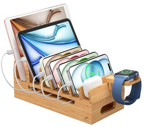 Pezin & Hulin Bambus-Ladestation mit Uhrenständer, Docking-Halterung für mehrere Geräte mit 5 Ladekabeln, Desktop-Dockstationen, elektronischer Organizer für Handy, Tablet, Uhr, natürlicher Bambus