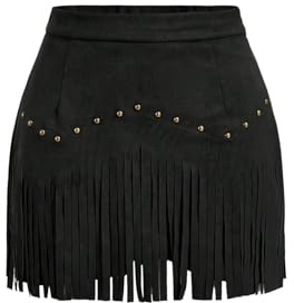 GORGLITTER Women's Vintage Fringe Mini Skirt Cowgirl Cowboy Outfits High Waisted A Line Faux Suede Party Skirts Black M