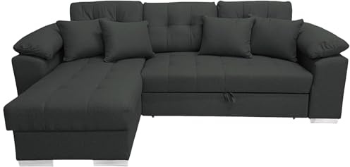 COMFORTINO FURNITURE Ecksofa mit Schlaffunktion Detroit L-Form, Sofa Couch mit Bettkasten, 3-Sitzer Eckcouch, Schlafsofa für Wohnzimmer, Big Sofa Couch mit Schlaffunktion (Dunkelgrau, Ottomane Links)