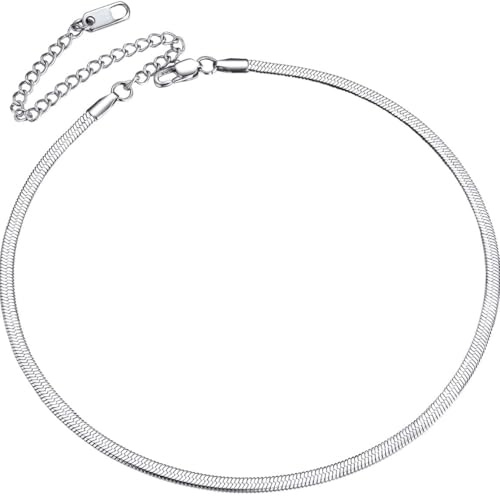 ChainsPro Halskette Damen Flache Schlangenkette 3mm/5mm Breit Edelstahl Snake Kette Collier Schlicht Halsband Choker Mädchen Silber/Schwarz/Gold/Rosegold