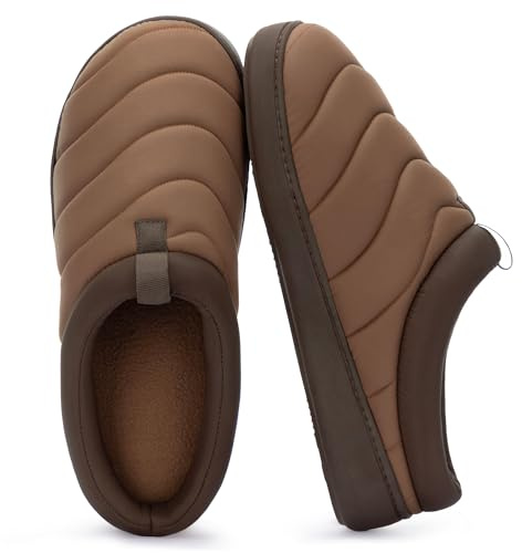 Men's Indoor Outdoor Slip On Campmate Slippers Memory Foam – Slide-in House Shoes, Cool Summer Puffer Camping Clog, Machine Washable, Rubber Sole, Velvet Lining, Easy Care Comfort for Men (Gifts)(Mocha Brown,Size 11)