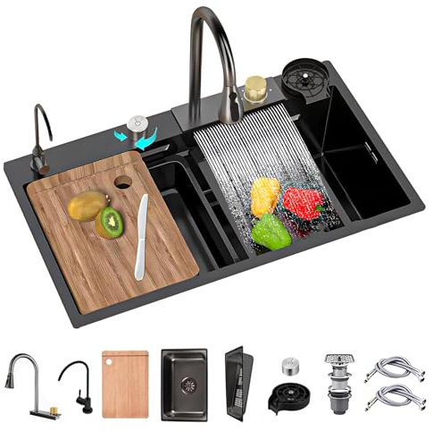 ATHOMASM 85x45cm Fregadero Cocina Acero Inoxidable 1 Seno con Grifo Cascada | Empotrado Multifuncional + Escurridor y Dispensador de Jabón