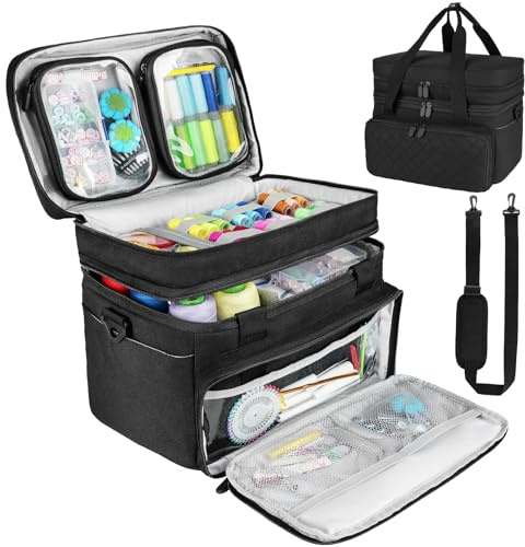 Jamiukro Trousse de Rangement pour Accessoires de Couture avec bandoulière, Sac de Rangement Double Couche avec 2 Pochettes Amovibles pour Accessoires et Fournitures de Couture, Noir