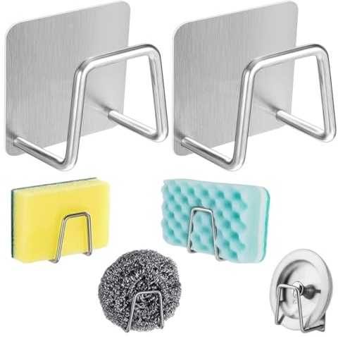 Xyvor 2 stycken super självhäftande svamphållare kök, 5 x 5 x 3 cm Svamphållare Kitchen Diskbänk, disksvamphållare utan borrning, 304 rostfritt stål svamphållare för svamp, trasa, spatel – silver
