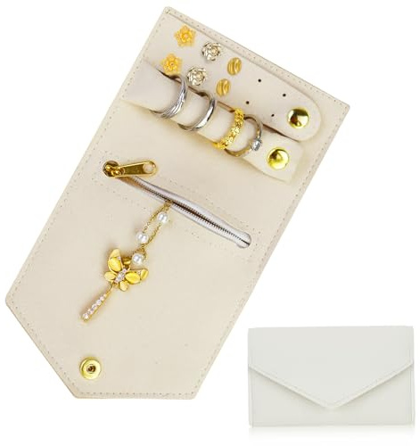 AdiStylinno Schmuckrollen für Reisen, klein, faltbar, PU-Leder, Reise-Schmuck-Organizer, tragbare Reise-Schmucktasche für Halsketten, Ringe, Ohrringe (cremefarben)