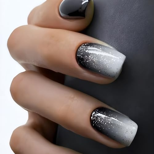 24PCS Black Grey Ombre Press On Nails - Short Square False Nails with Sparkling Silver Glitter, Glossy Long-Lasting Stick On Kit for Women, Versatile Fashion Design