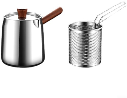 GLOBALHUT Olla freidora de acero inoxidable 304, con mango de nogal y cesta de malla para filtración de aceite, capacidad de 1,5 L y 2,0 L para freír eficientemente (A-2)