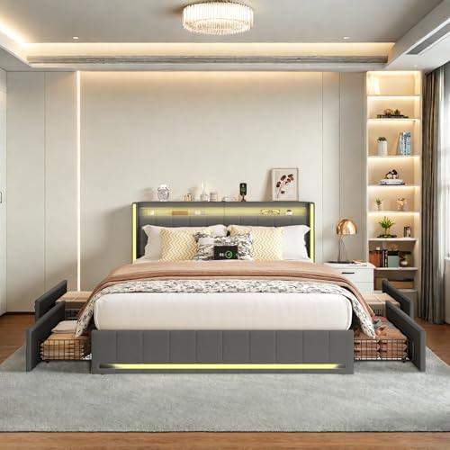 KeepGoon Doppelbett mit Schubladen 180 x 200 cm,Polsterbett mit LED-Leuchten, 4 Eisenschubladen und einem USB Ladeanschluss,Stauraumbetten Bettgestell,Leinenstoff
