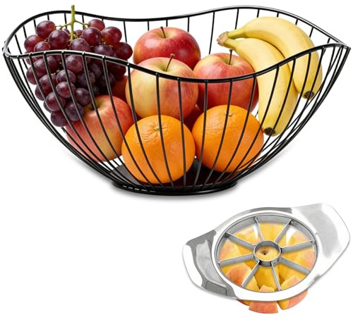 CHUNGG Black Metal Wire Fruit Bowls with Apple Corer, Fruit Vegetable Baskets for Kitchens, Table Centerpiece Decorative Bowl Storage Bread, Vegetables, Snacks, Potpourris, Banana,Home Decor Bowls