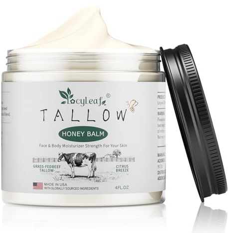 LOCYLEAF Beef Tallow for Skin, Organic Grass-Fed Beef Tallow Balm with Raw Honey, Natural Tallow Skin Care Cream Body Butter, Nourish and Soothe Dry Skin, Light Scent（4 Oz）