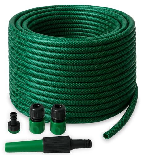 iTrend 50m PVC Fiber Braided Reinforced Garden Water Hose Pipe Set with Nozzles & Fittings – Durable, Flexible, Weatherproof, 4 Spray Patterns for Garden, Car Wash & Irrigation