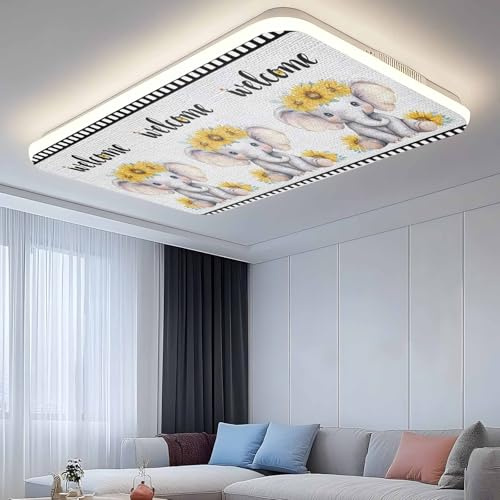 Cute Elephant 3 Pcs Fluorescent Light Covers 4 x 2 Feet, Welcome Words Animal Flower Film Boundary Linen Texture Covers for Ceiling Lights Magnetic Light Cloth Filter for Classroom Office Home